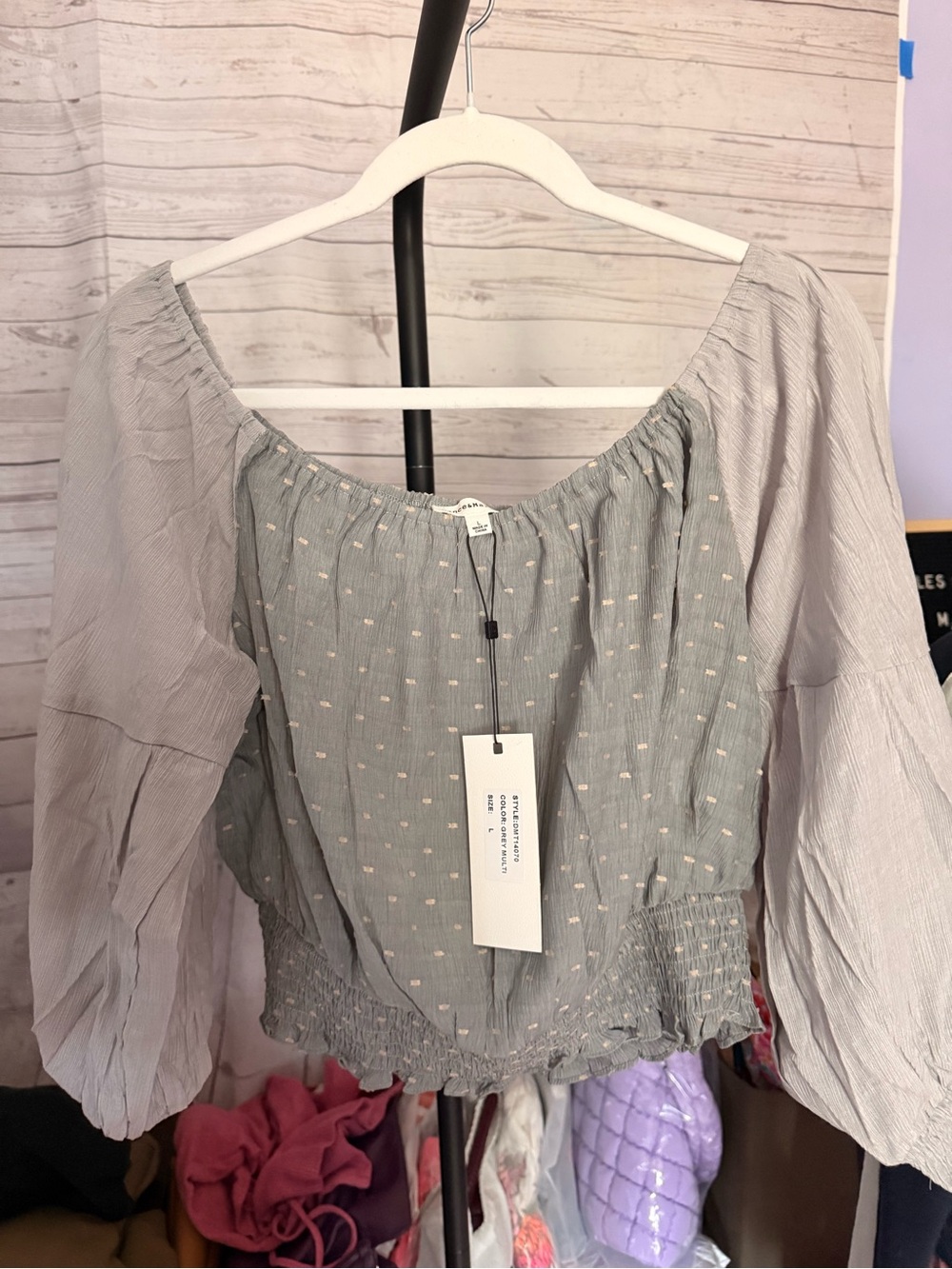 Dance & Marvel Light Gray Off-Shoulder Peasant Blouse